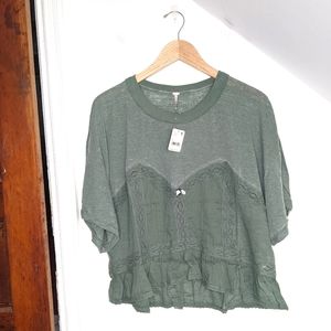 FREE PEOPLE Fall in Love Lace Inset Tee in Washed Army NEW Size L